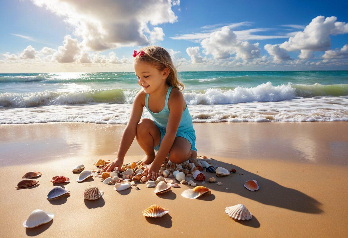 A sun-kissed beach with a diverse assortment of colorful seashells and conchs scattered across the golden sand. In the foreground, a joyful child is kneeling, excitedly collecting shells, while gentle waves lap at the shore. The scene captures a bright blue sky with fluffy white clouds, evoking a sense of bliss and tranquility. super-realistic. vibrant colors. bright background.