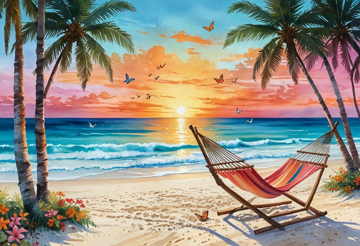 A serene beach scene showcasing a stunning sunset casting warm hues over turquoise waters, with palm trees swaying gently in the breeze. In the foreground, vibrant tropical flowers bloom, attracting colorful butterflies. A hammock strung between two trees invites relaxation. Seashells scattered on the sandy beach enhance the tranquility of the scene. watercolor painting. vibrant colors. peaceful atmosphere.