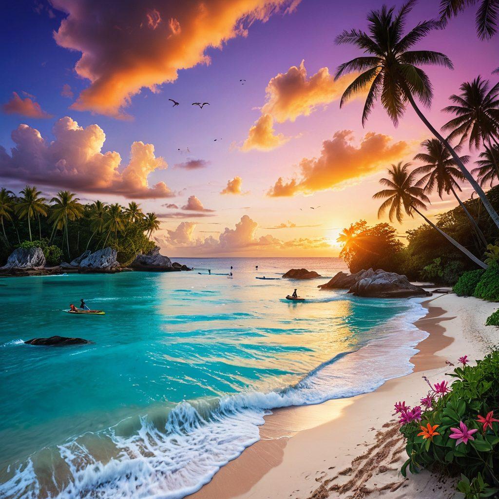 A breathtaking tropical island with crystal clear turquoise waters, lush green palm trees swaying in the breeze, and a vibrant sunset casting warm hues across the sky. Include adventurous activities like snorkeling and kayaking in the foreground, showcasing ecstasy in nature. Enhance the scene with colorful tropical flowers and exotic wildlife to capture the essence of a coastal paradise. super-realistic. vibrant colors. 3D.